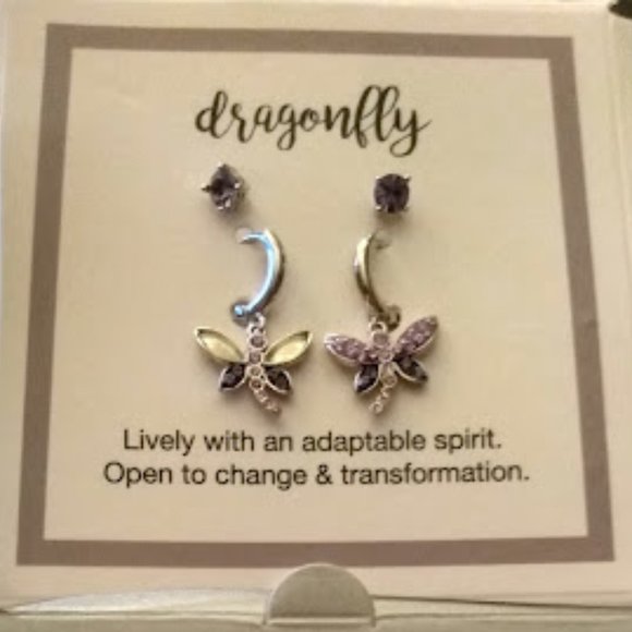 KOHL'S 3pc SET DRAGONFLY COLORFUL CRYSTAL SILVER PLATED NECKLACE + EARRINGS**NEW - Picture 3 of 4
